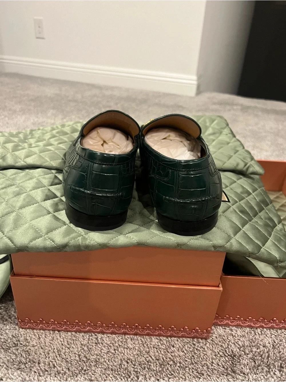 Gucci Green Croc-Embossed Leather Loafers